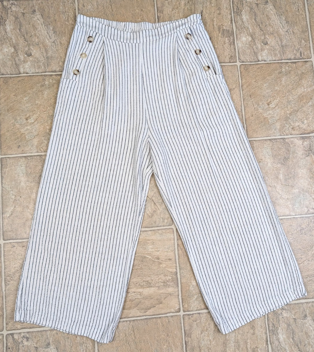 Allie Rose sz M Sailor style Wide Leg Crop Pants linen blend pull on 0896